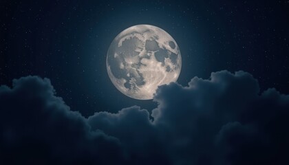 Full moon behind dark clouds at night.