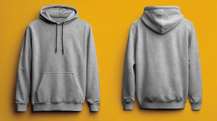 A gray hooded sweatshirt on a yellow background
