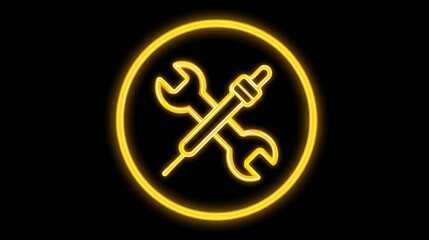 Neon Glowing Wrench and Screwdriver Icon on Black Background