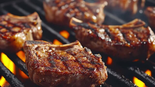 Delicious lamb chops sizzling on the grill during a summer barbecue gathering, lamb chops on the grill video footage