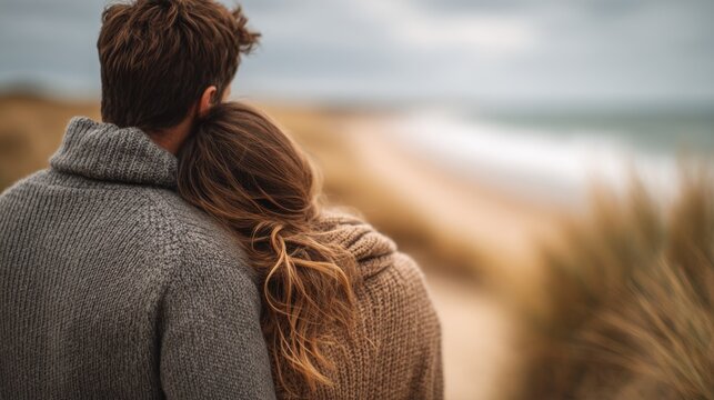 A man and a woman standing on a beach looking out at the ocean