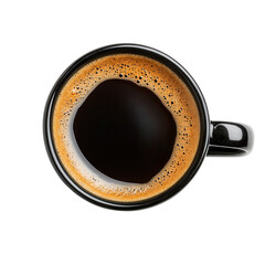 Black coffee in a black mug top view isolated on a transparent background