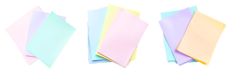 Collection of three pastel colored paper sheets isolated on a white or transparent background top view isolated on a white or transparent background