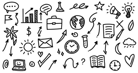 Set of hand-drawn black doodle icons on white background, featuring business, education, science, and communication elements. Includes symbols like chart, briefcase, globe, clock, test tube, paper