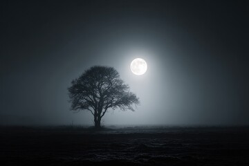 Fototapeta premium A lone tree in the middle of a foggy field with a full moon in the background