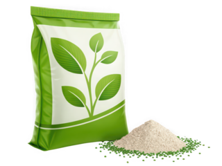 Green bag of fertilizer with beige granules spilling out, isolated