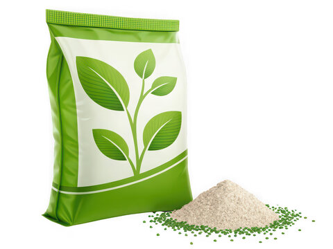 Green bag of fertilizer with beige granules spilling out, isolated