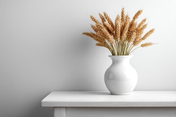 A white vase with a bunch of wheat in it on a table