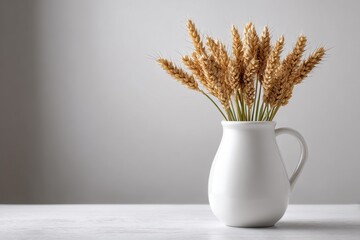 A white vase filled with wheat on top of a table