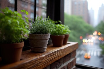 Three potted plants sit on a window sill in front of a window