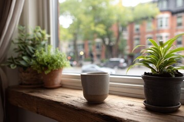 Three potted plants sit on a window sill in front of a window