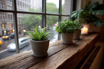 Three potted plants sit on a window sill in front of a window