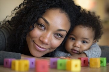 A woman and a child laying on the floor playing with blocks