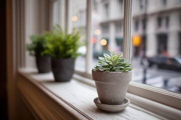 A potted plant sitting on a window sill next to a window