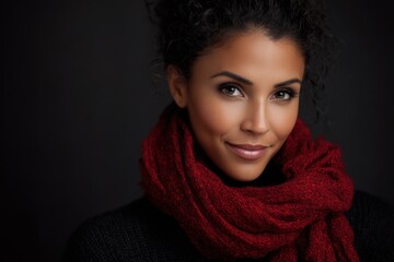 A woman wearing a red scarf smiles at the camera