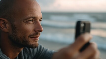A man taking a picture of the ocean with his cell phone