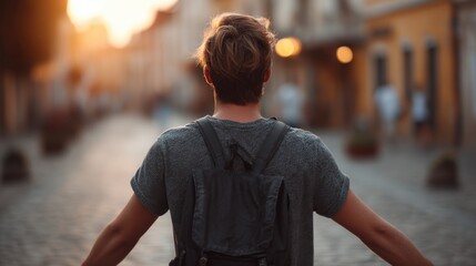 A man with a backpack walking down a cobblestone street at sunset