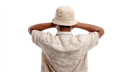 A man wearing a hat with his hands behind his head