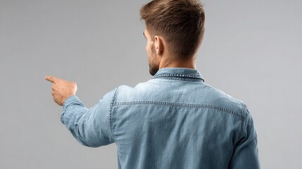 A man in a denim shirt pointing at something