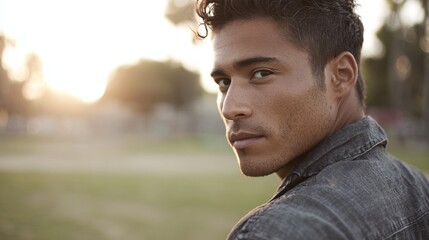 A man in a denim shirt is looking away from the camera
