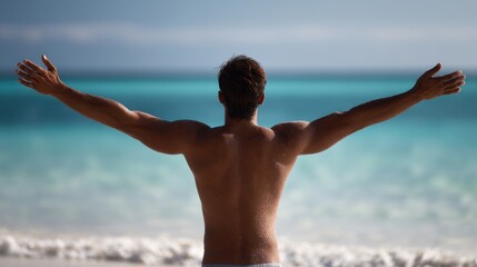 A man standing on the beach with his arms outstretched