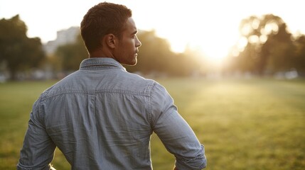 A man standing in a field with his back to the camera