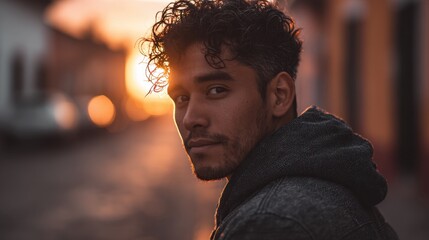 A man with curly hair and a hoodie looking at the camera