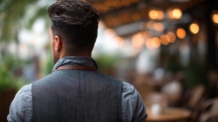 A man in a denim vest looking out over a restaurant