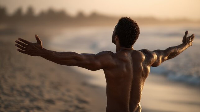A man standing on a beach with his arms outstretched