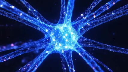 Glowing blue neural network animation showing synaptic connections with flowing particles representing brain activity, artificial intelligence, and data transmission pathways. - Powered by Adobe