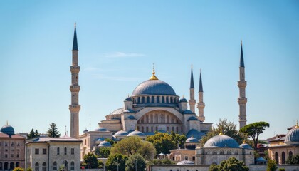 Fototapeta premium The Sultanahmet Mosque complex under a clear blue sky.