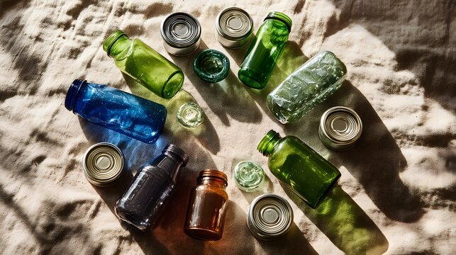 Circular arrangement of crushed recycled bottles and cans