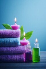Stack of Purple Pink and Teal Towels with Pink Candles and Essential Oil Bottles