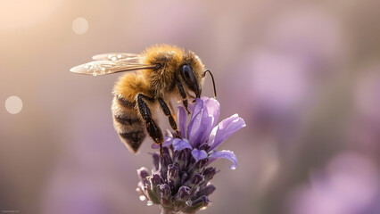 Close-up of a Busy Honey Bee Pollinating a Lavender Flower at Sunset, Highlighting Nature's Vital Role in Ecosystems, Biodiversity, and the Beauty of Spring and Summer