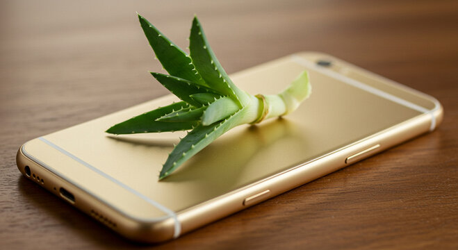 Aloe Vera Plant on a Gold Smartphone on a wooden table close up shot - Powered by Adobe