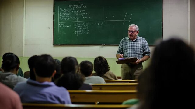Brazilian professor teaches mathematics in classroom setting with engaged students present, Brazilian professor giving math class to a group of adults and adults at a university in Brazil