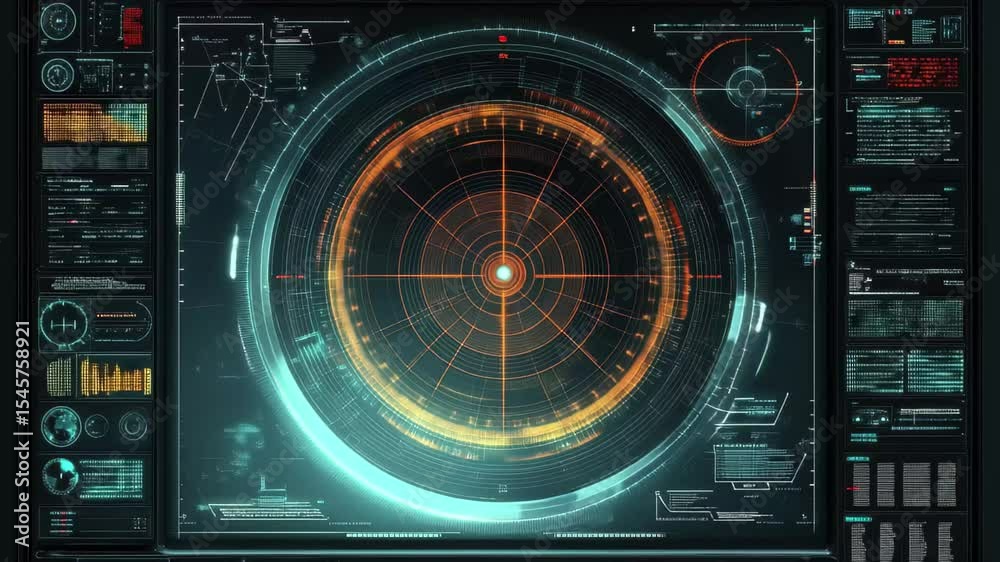 Poster advanced radar gui screen displaying technology interface with dynamic data visualization, radar gui
