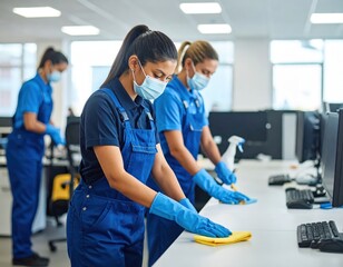 Masked cleaning crew wiping down desks in a modern office space