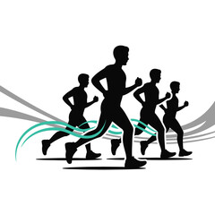 Obraz premium Four Men Running Marathon Race Silhouette Teal Gray