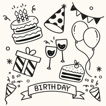 vector illustration of celebration birthday doodle art set, scribble hand drawn art,icon and symbol