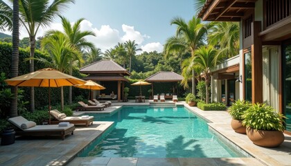 Tropical outdoor pool area with lush landscaping.