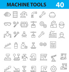 Fototapeta premium Machine Tool and Industrial Equipment Line Icons, Wrench, Gear, Drill, CNC, Toolbox, Lathe, Robot Arm, and More