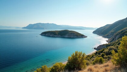 Obraz premium Tranquil bay with verdant hills and azure water.