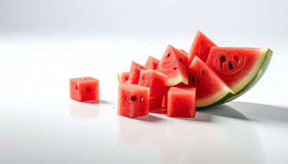 Fresh Red Watermelon Slices and Cubes Isolated on White Background