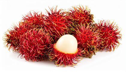 Fresh Red Rambutan Fruit with Peeled Flesh Isolated on White Background