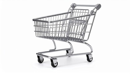 Miniature Shopping Cart Chrome Wire Basket with Gray Handle on White Background