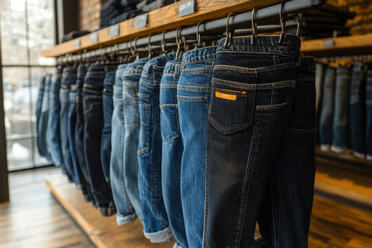 Jeans hanging on store rack. Variety of styles, colors displayed neatly. Shopping environment with trendy fashion choices. - Powered by Adobe