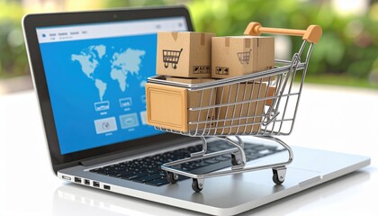 Miniature shopping cart filled with boxes on a laptop displaying a world map