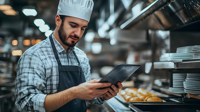 Chef using tablet in commercial kitchen