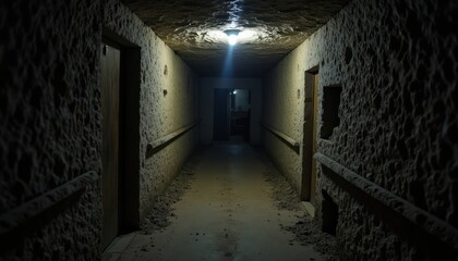 Fototapeta premium A dimly lit corridor with textured walls and closed doors.
